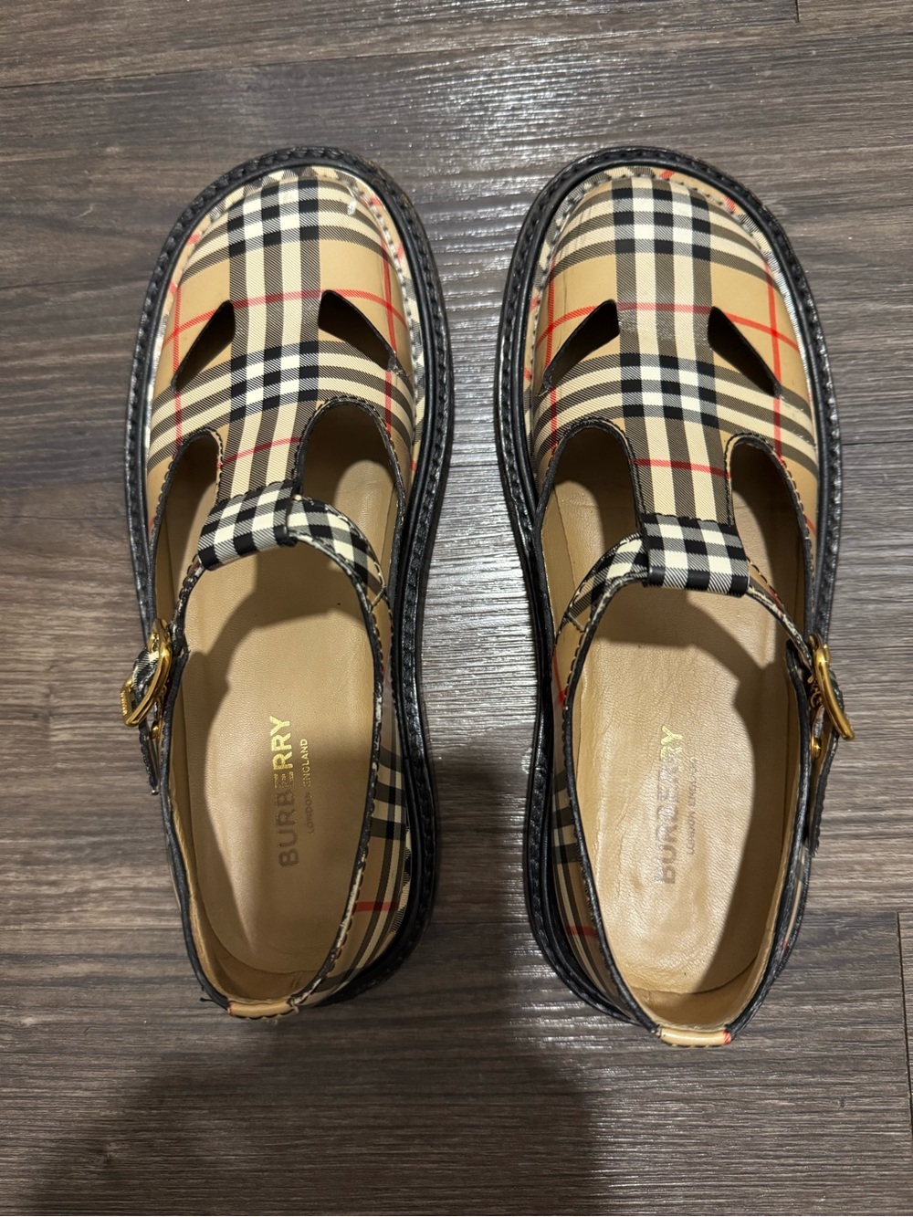 Burberry Beige Plaid Mary Jane Sandal with Gold Buckle - Picture 3 of 5